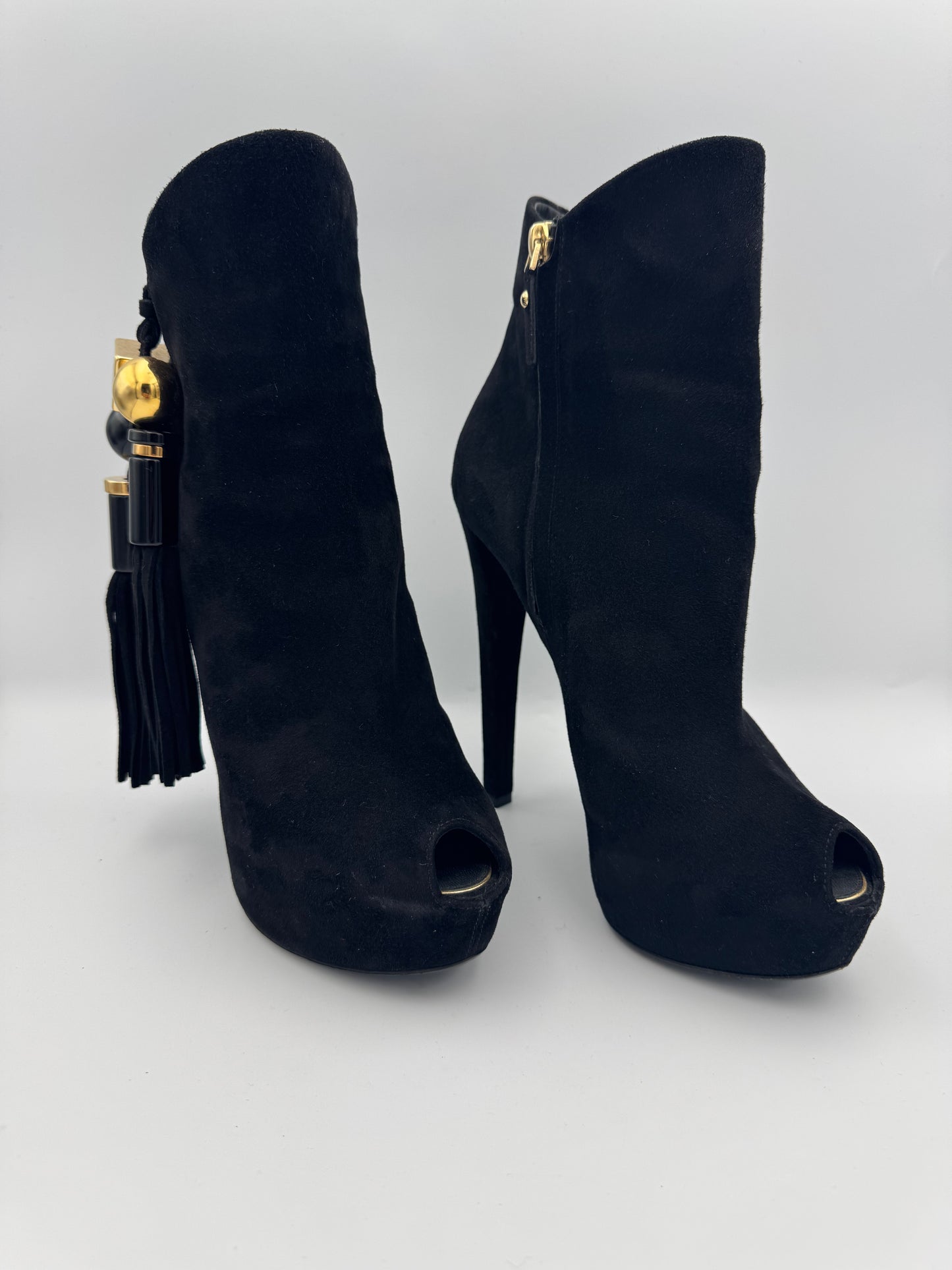Louis Vuitton Black Suede Tassel Peep Toe Platform Booties Size 39