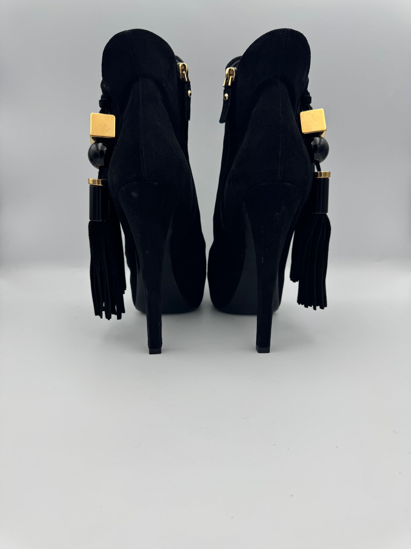 Louis Vuitton Black Suede Tassel Peep Toe Platform Booties Size 39
