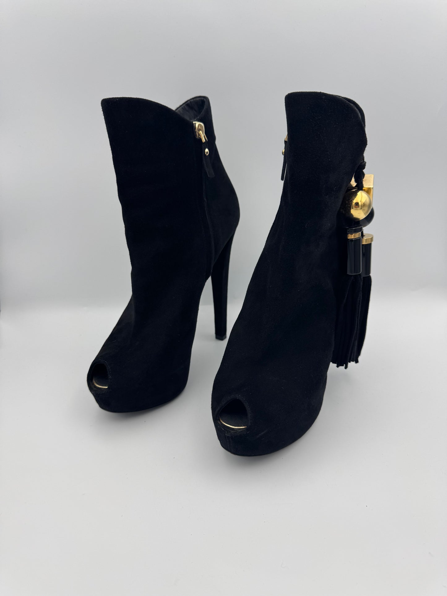 Louis Vuitton Black Suede Tassel Peep Toe Platform Booties Size 39