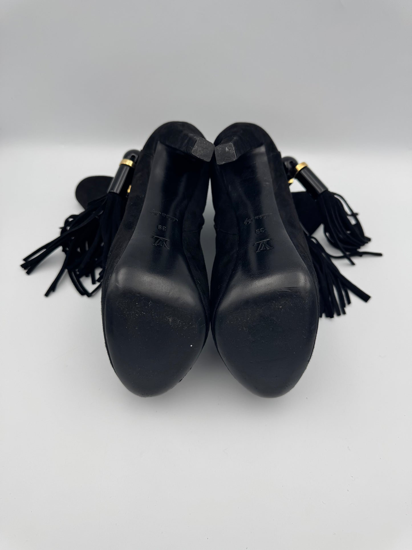 Louis Vuitton Black Suede Tassel Peep Toe Platform Booties Size 39