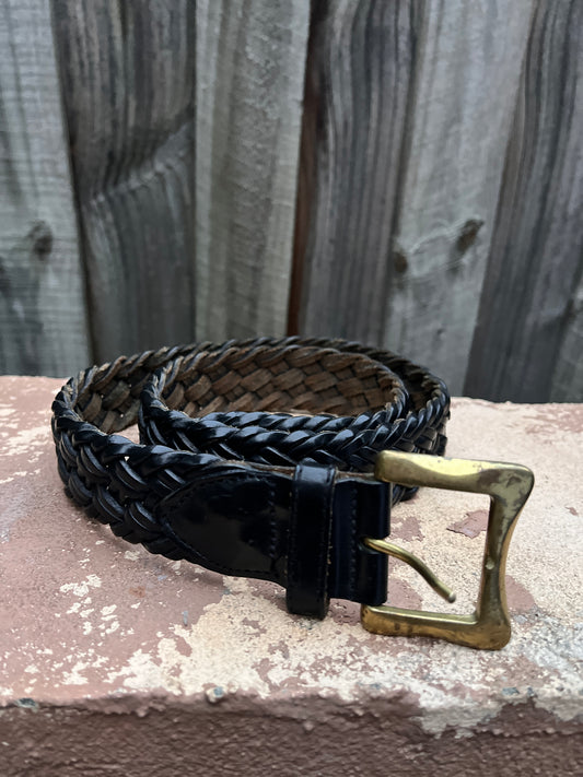 Le Sac De Mode Black Braided Leather Brass Buckle Belt Size 32